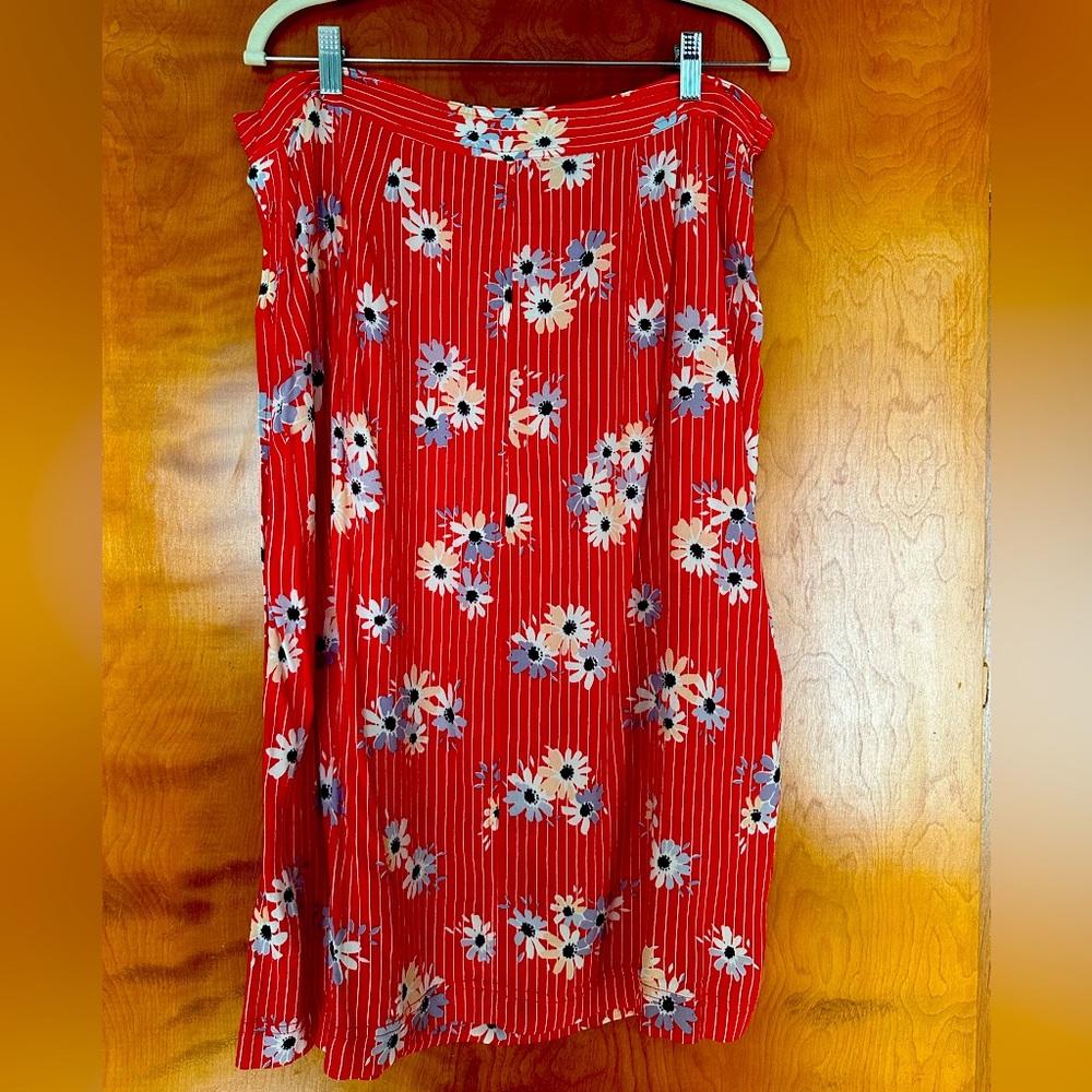 Madewell Red White Pinstripe Floral Side Button Down Midi Skirt, Size 12